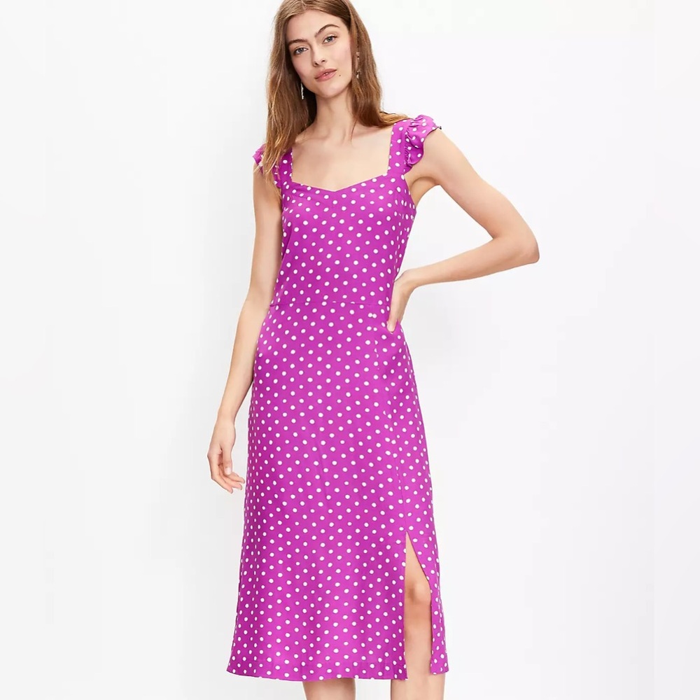 Loft Dotted Ruffle Strap Pocket Midi Dress Purple Size 8
